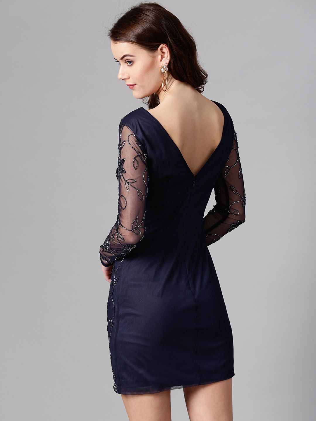 STREET 9 Women Navy Blue Net Embellished Bodycon Dress
