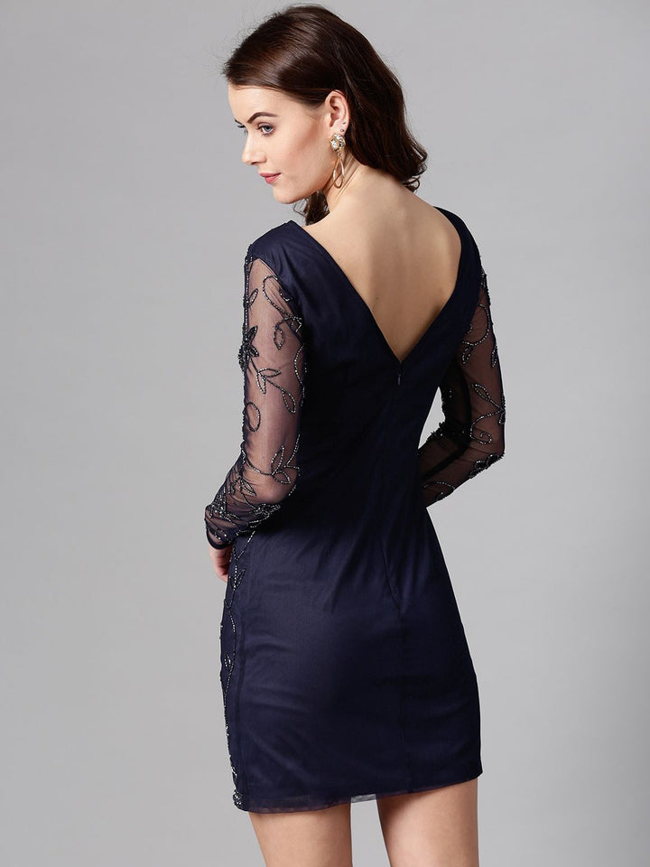 STREET 9 Women Navy Blue Net Embellished Bodycon Dress