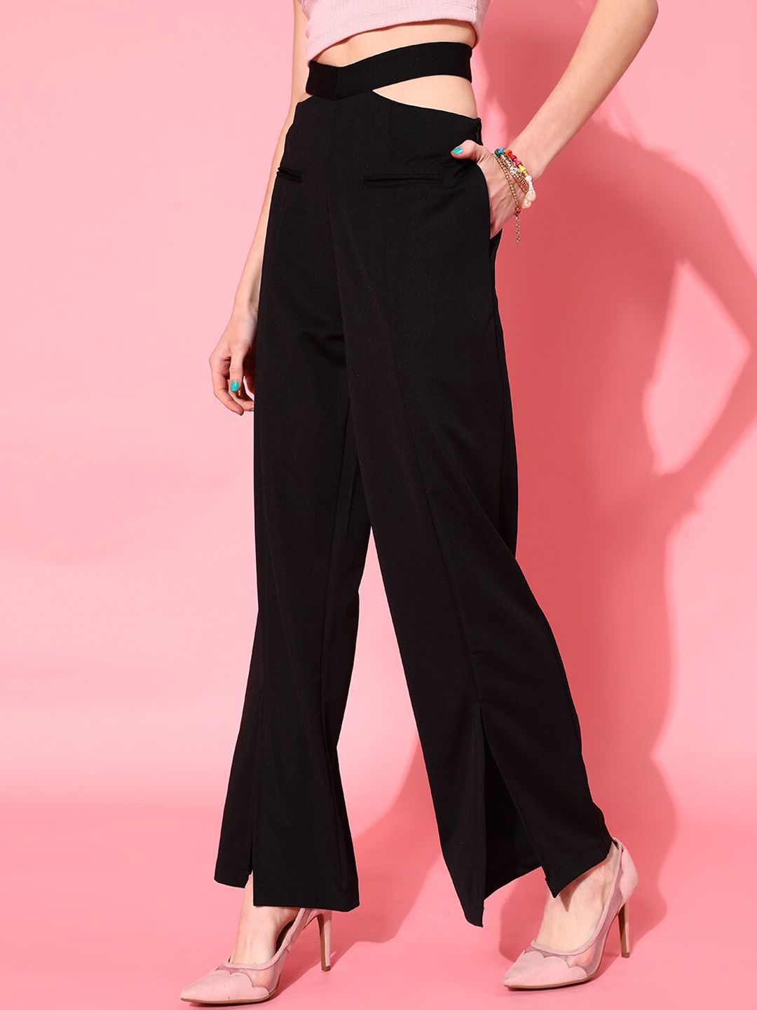 STREET 9 Women Black Solid Loose Fit High-Rise Trousers