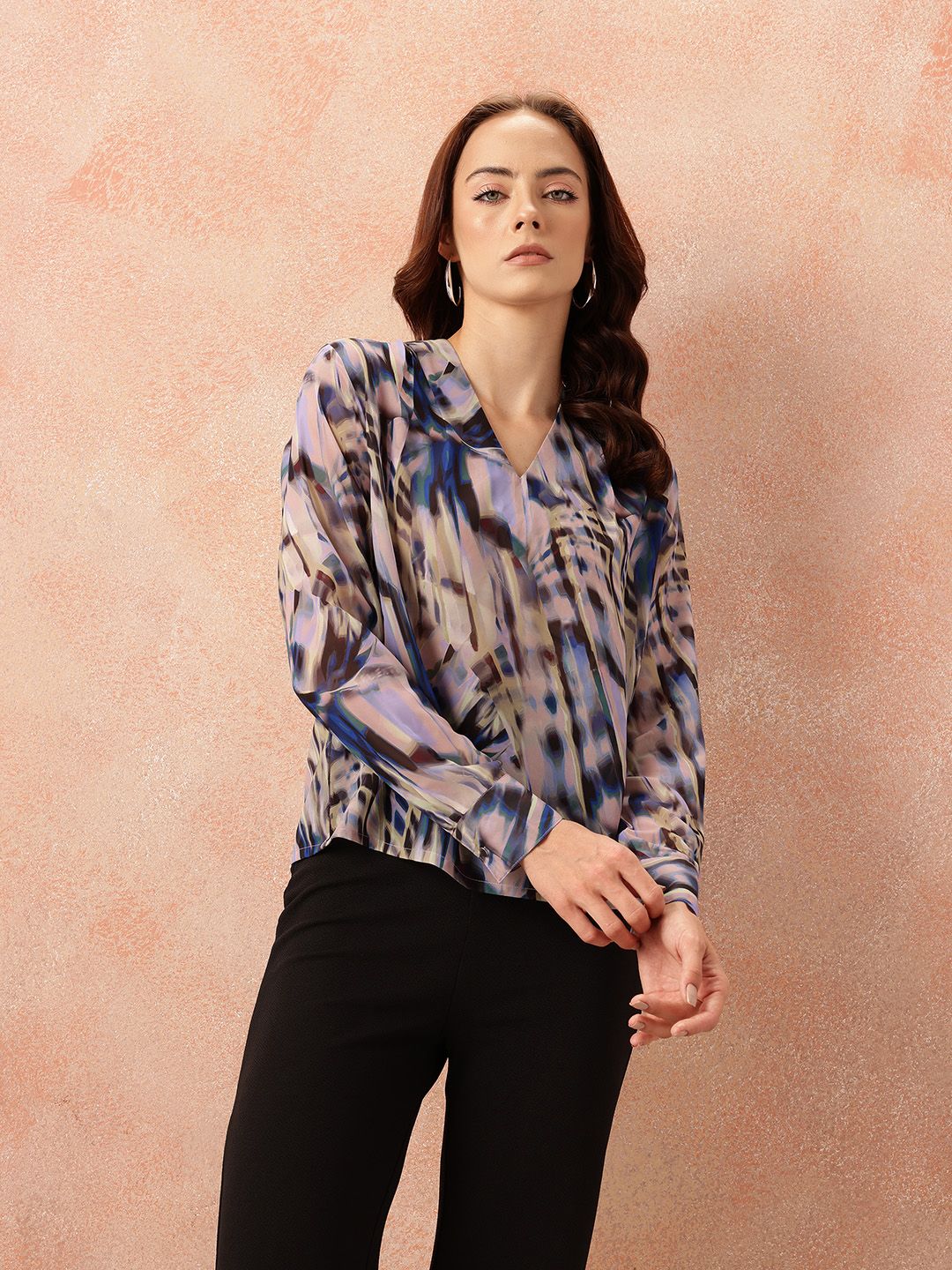 all about you Abstract Print Georgette Semi-Sheer Draped-Style Top