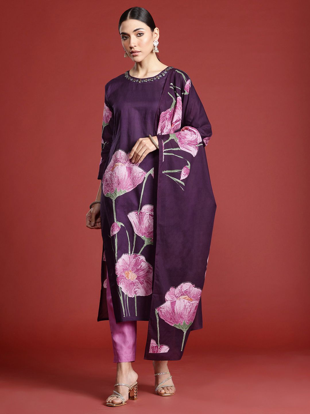 Indo Era Women Floral Printed Pure Cotton Kurta with Trousers & With Dupatta