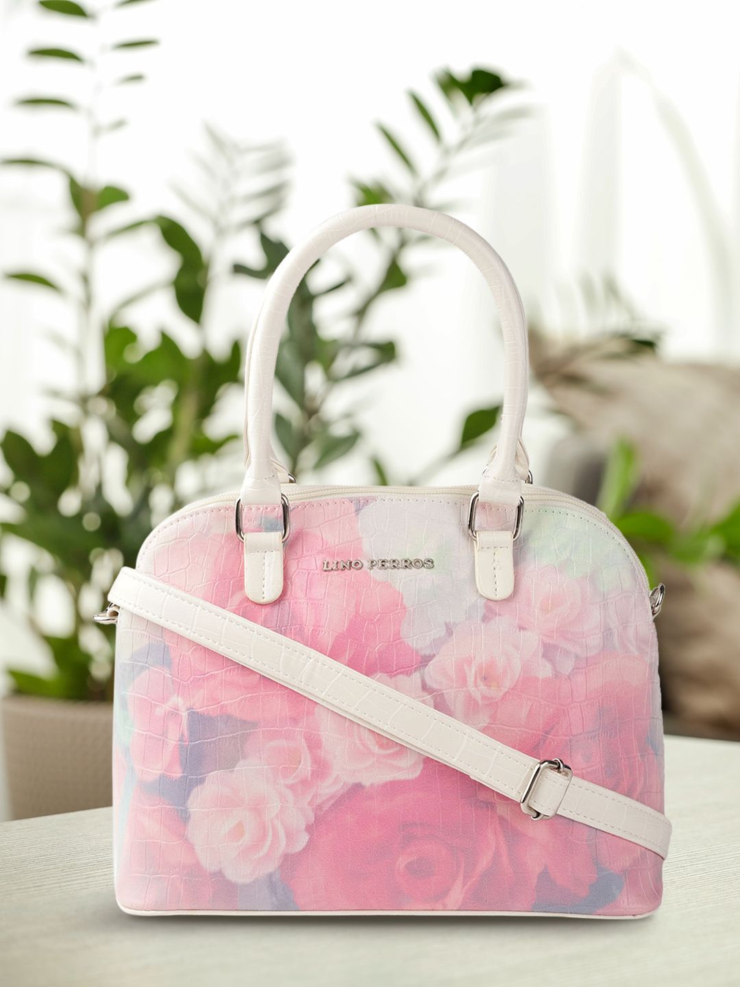 Lino Perros Pink Floral Printed PU Structured Shoulder Bag