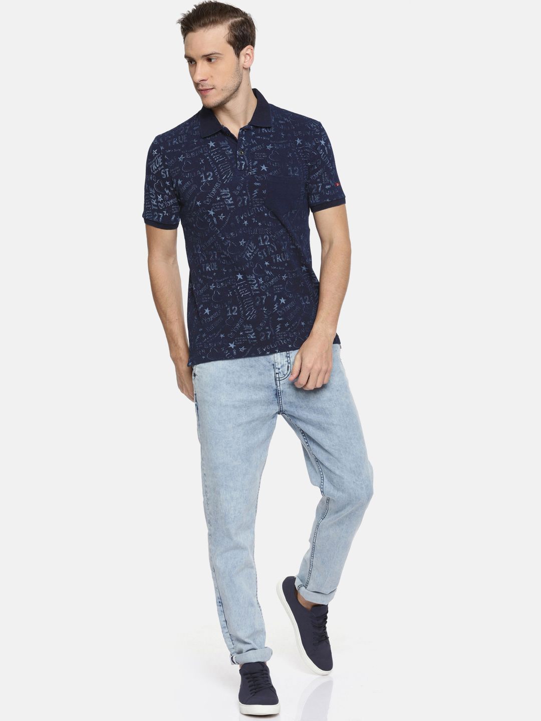 Being Human Men Blue Printed Polo Collar Pure Cotton T-shirt
