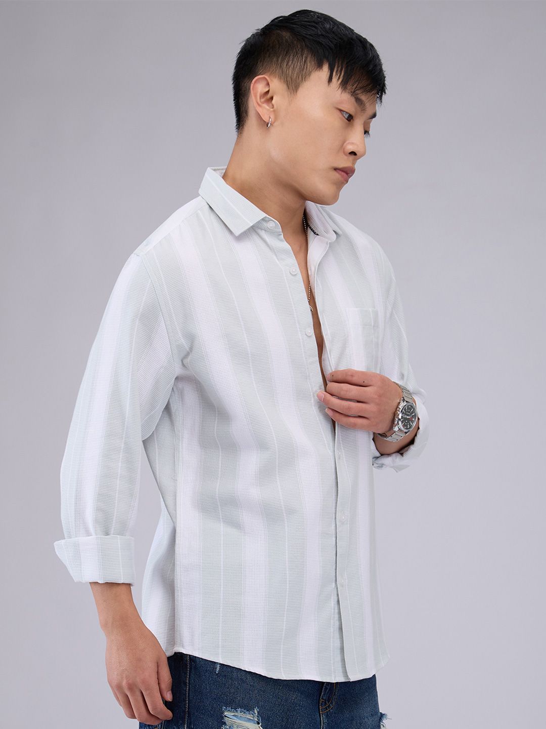 VASTRADO Men Classic Cutaway Collar Vertical Striped Cotton Slim Fit Casual Shirt