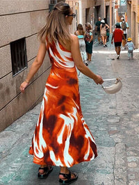 all about you Red Abstract Printed One shoulder Sleeveless Maxi Dress