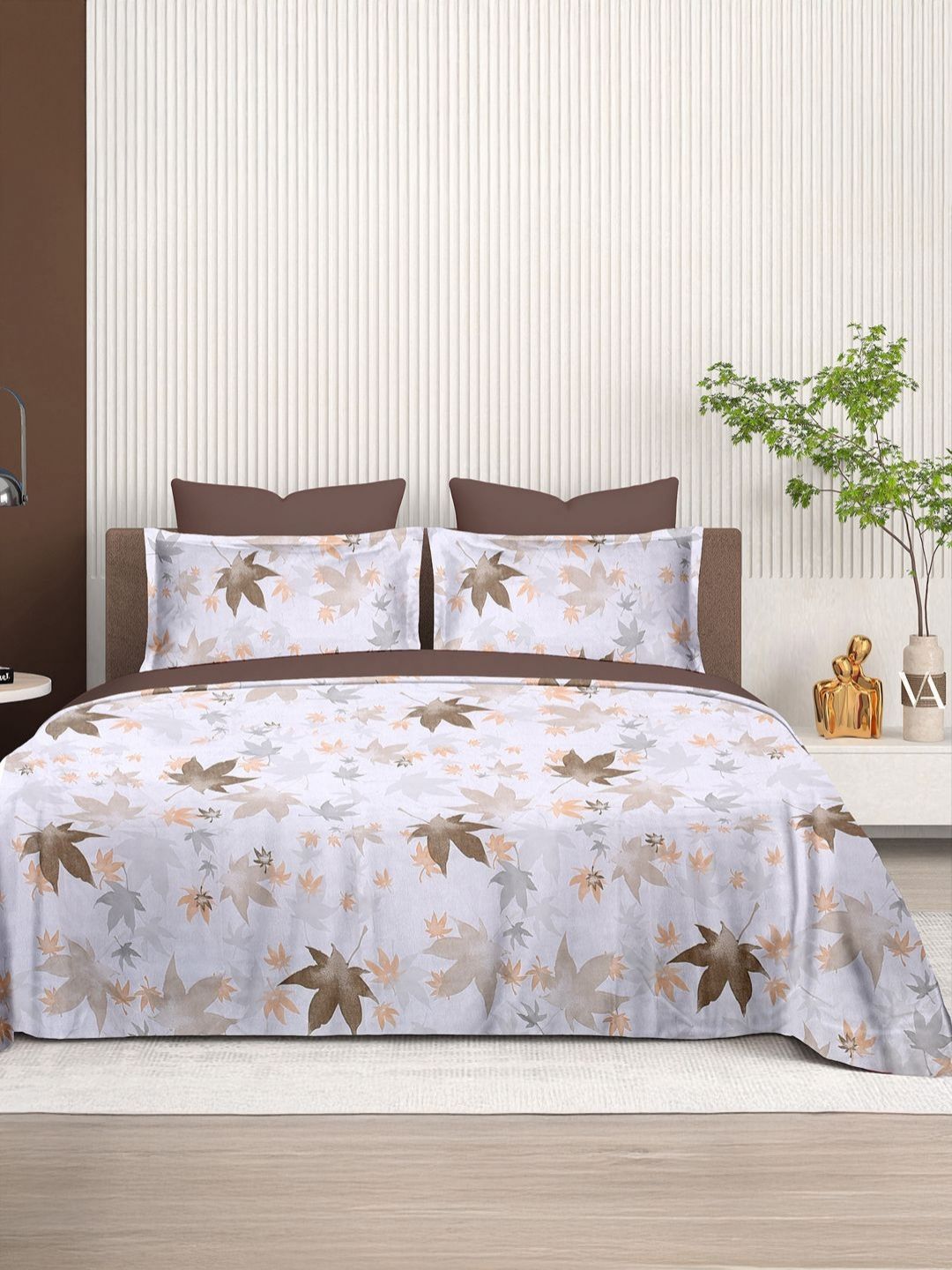 Cortina Glazed Cotton Cream Floral 140 TC King Bedsheet with 2 Pillow Covers