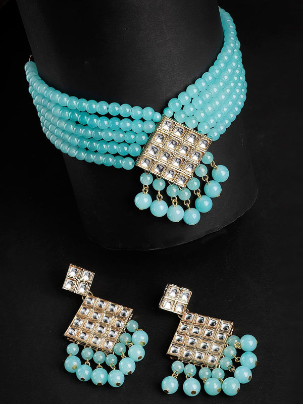 Set Karatcart Gold-Plated White & Blue Kundan-Studded & Beaded Jewellery Set