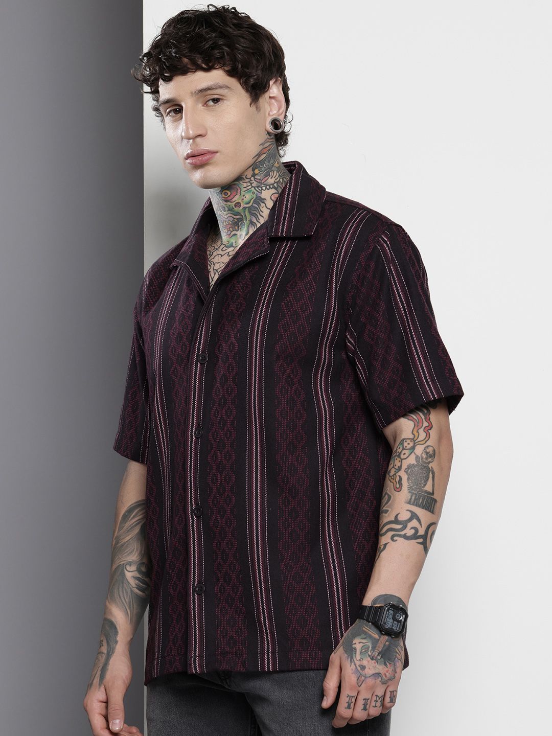 The Indian Garage Co Men Relaxed Fit Striped Resort Wear Shirt