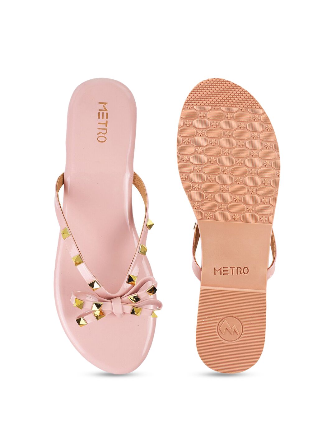 Metro Women Peach-Coloured Embellished T-Strap Flats