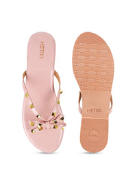Metro Women Peach-Coloured Embellished T-Strap Flats