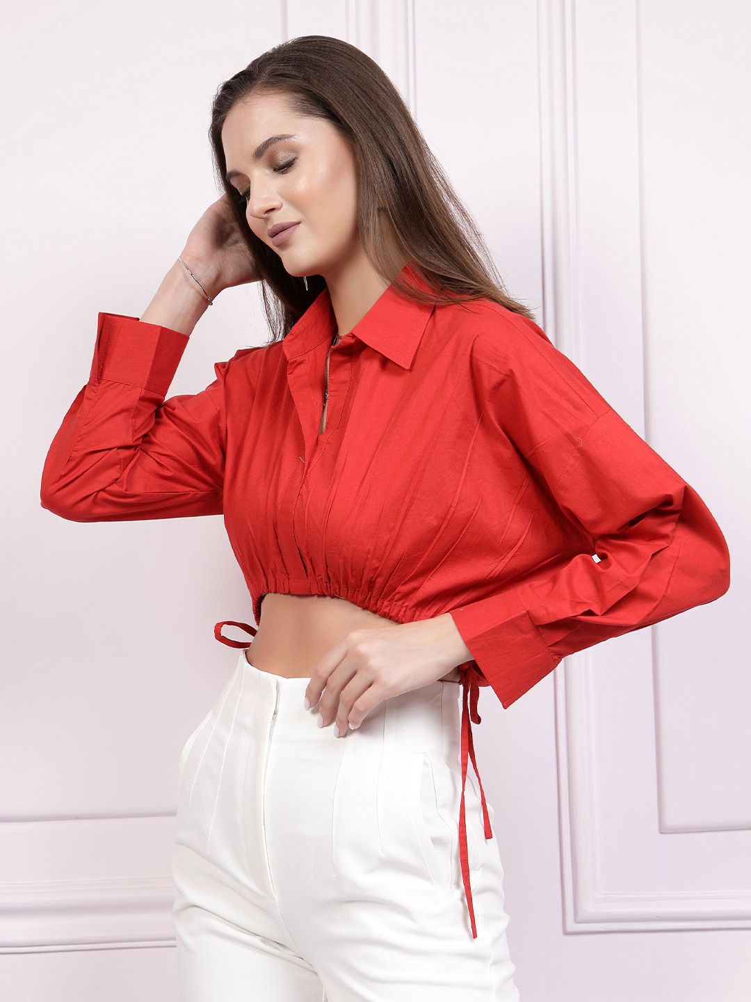 Athena Drop Shoulder Sleeves Cotton Shirt Style Crop Top