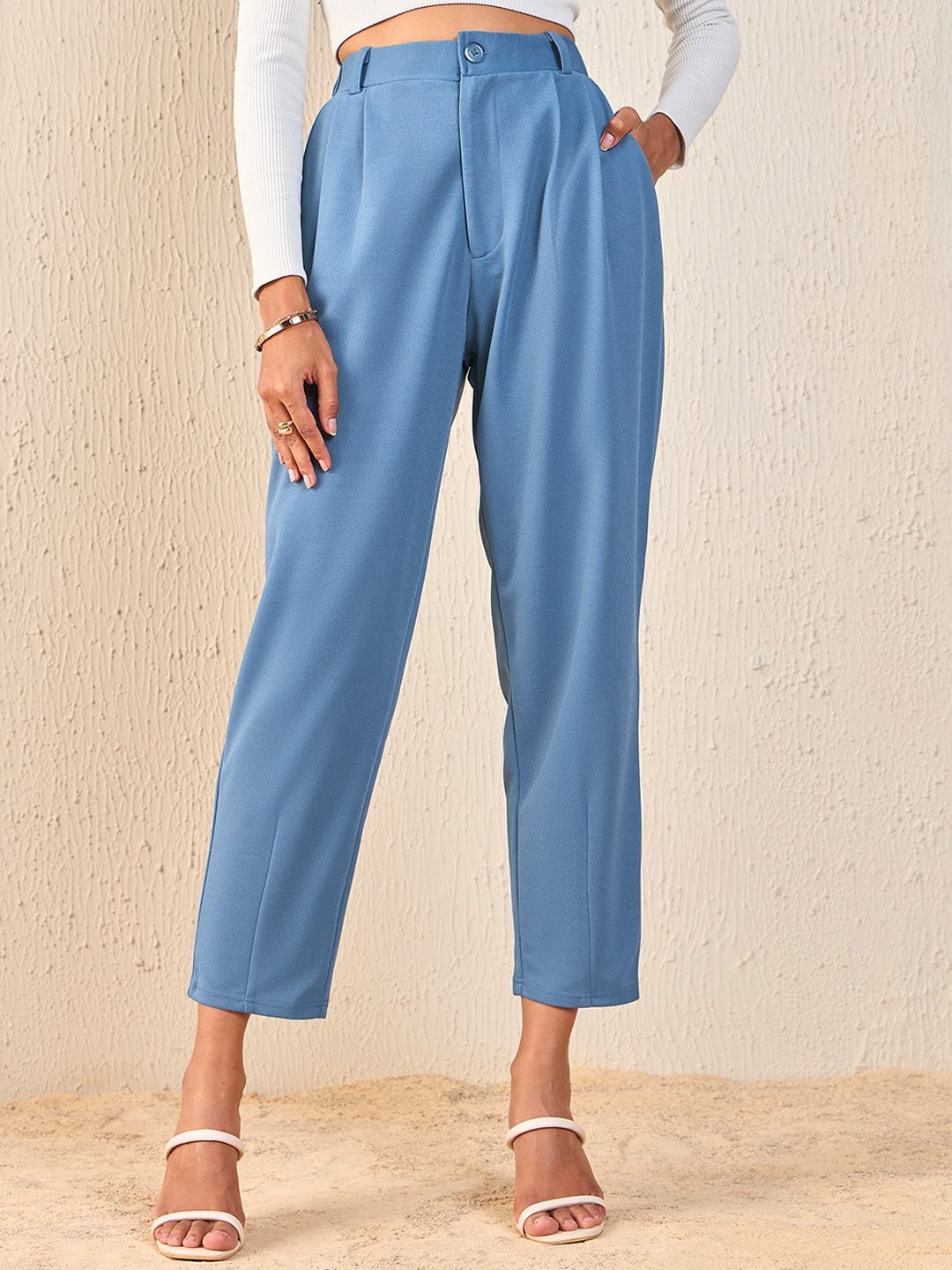 SASSAFRAS Women Blue Tapered Fit High-Rise Peg Trousers