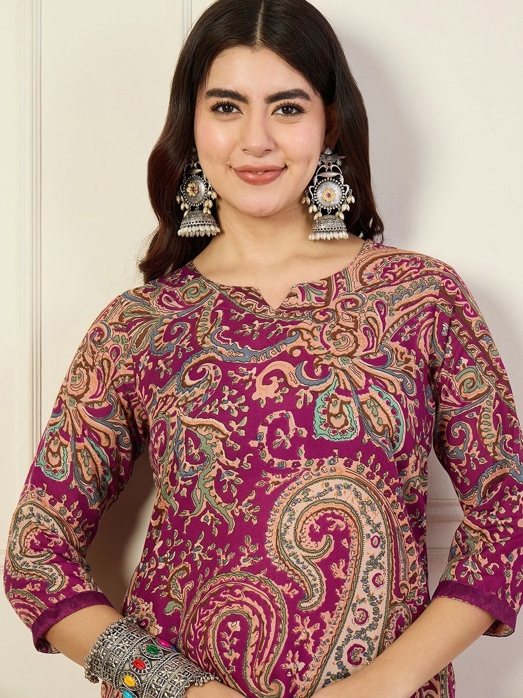 KALINI Notch Neck Paisley Printed Straight Kurta with Trousers