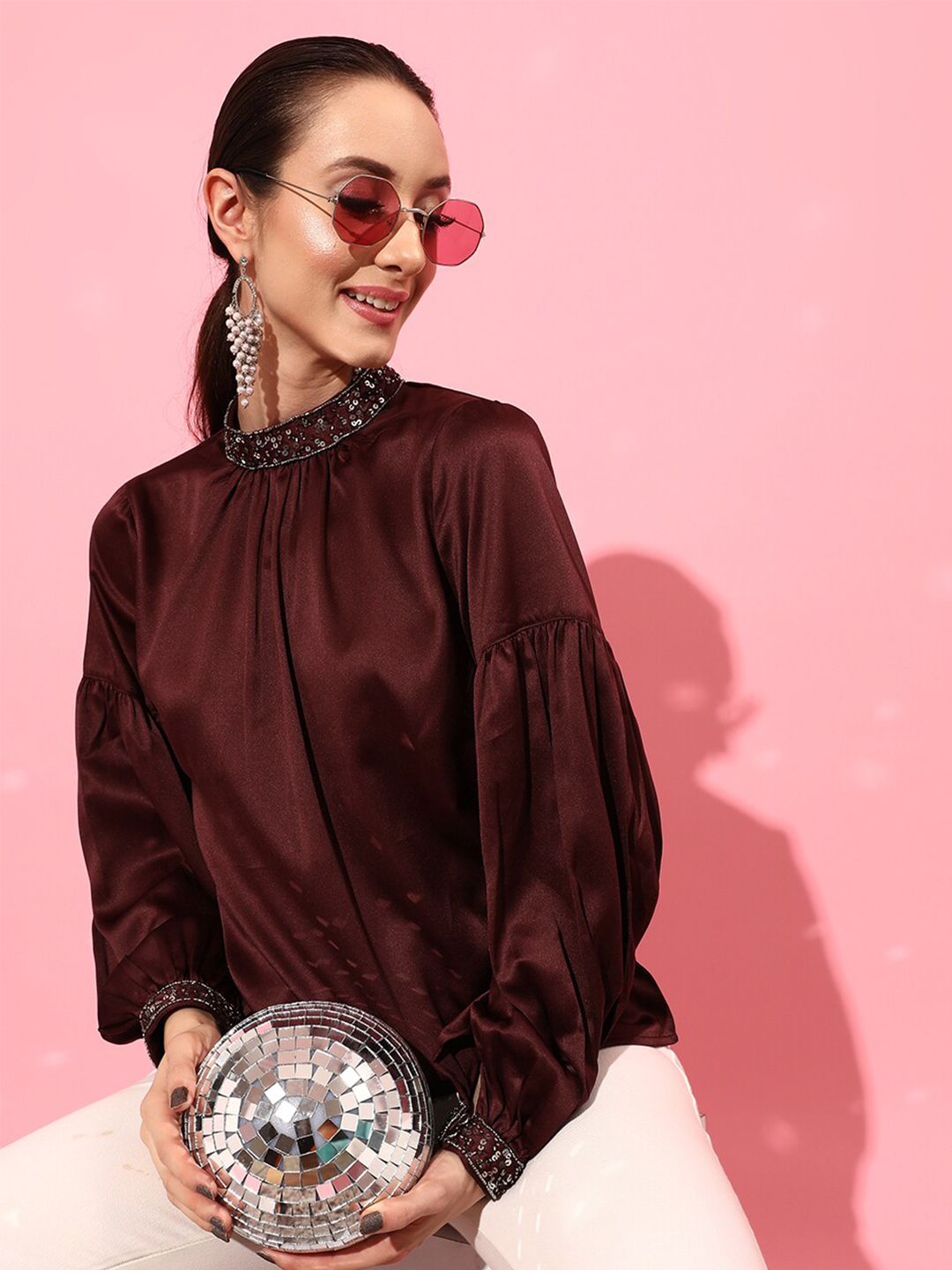 STREET 9 Burgundy Jewel Neck Top