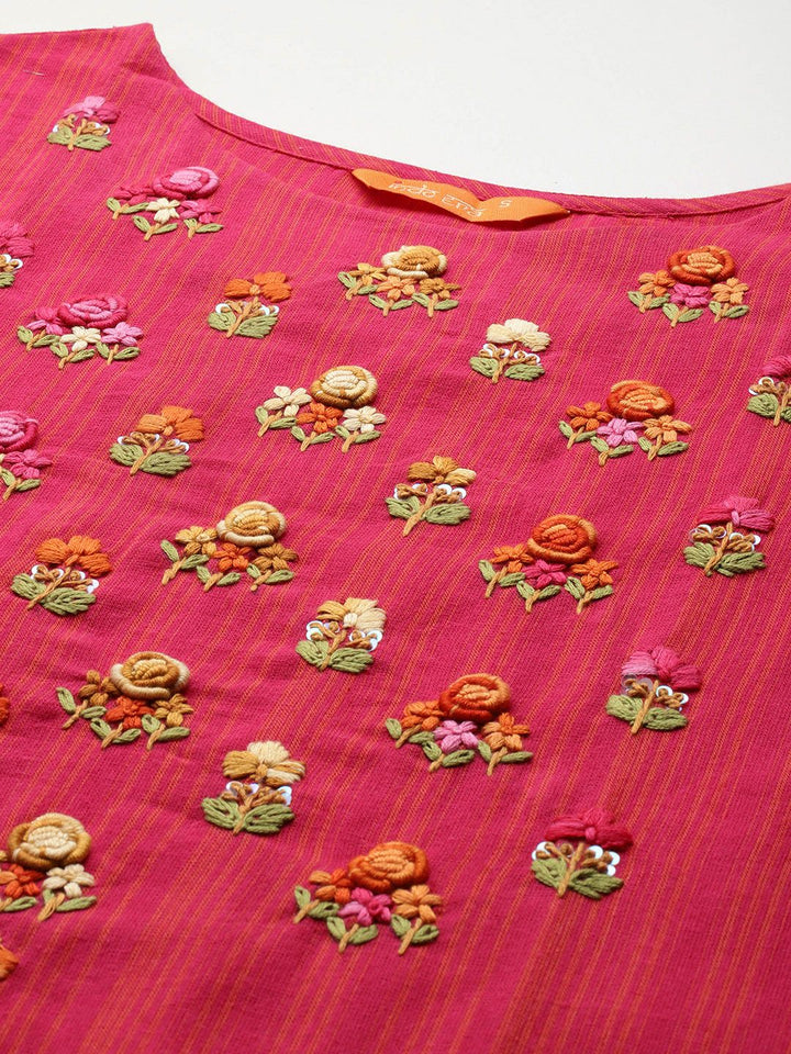 Indo Era Floral Embroidered Thread Work Pure Cotton Kurta with Trousers