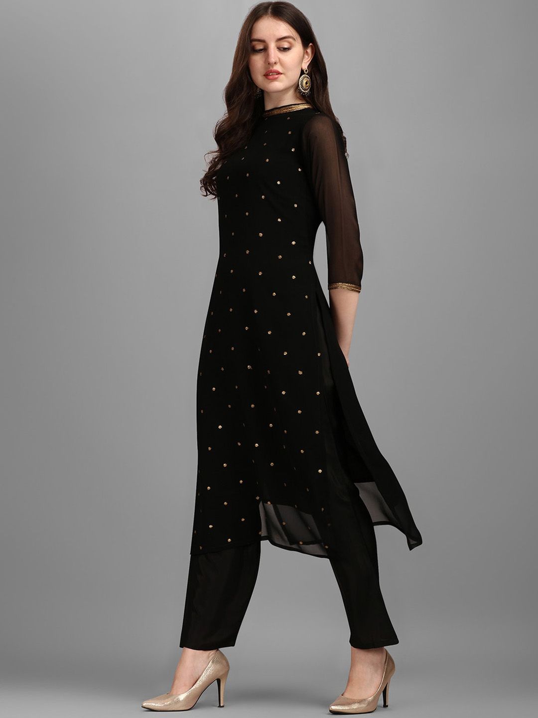 KALINI Floral Embellished Regular Straight Kurta With Trousers