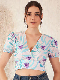 DENNISON Floral Printed Puffed Sleeves Crop Top