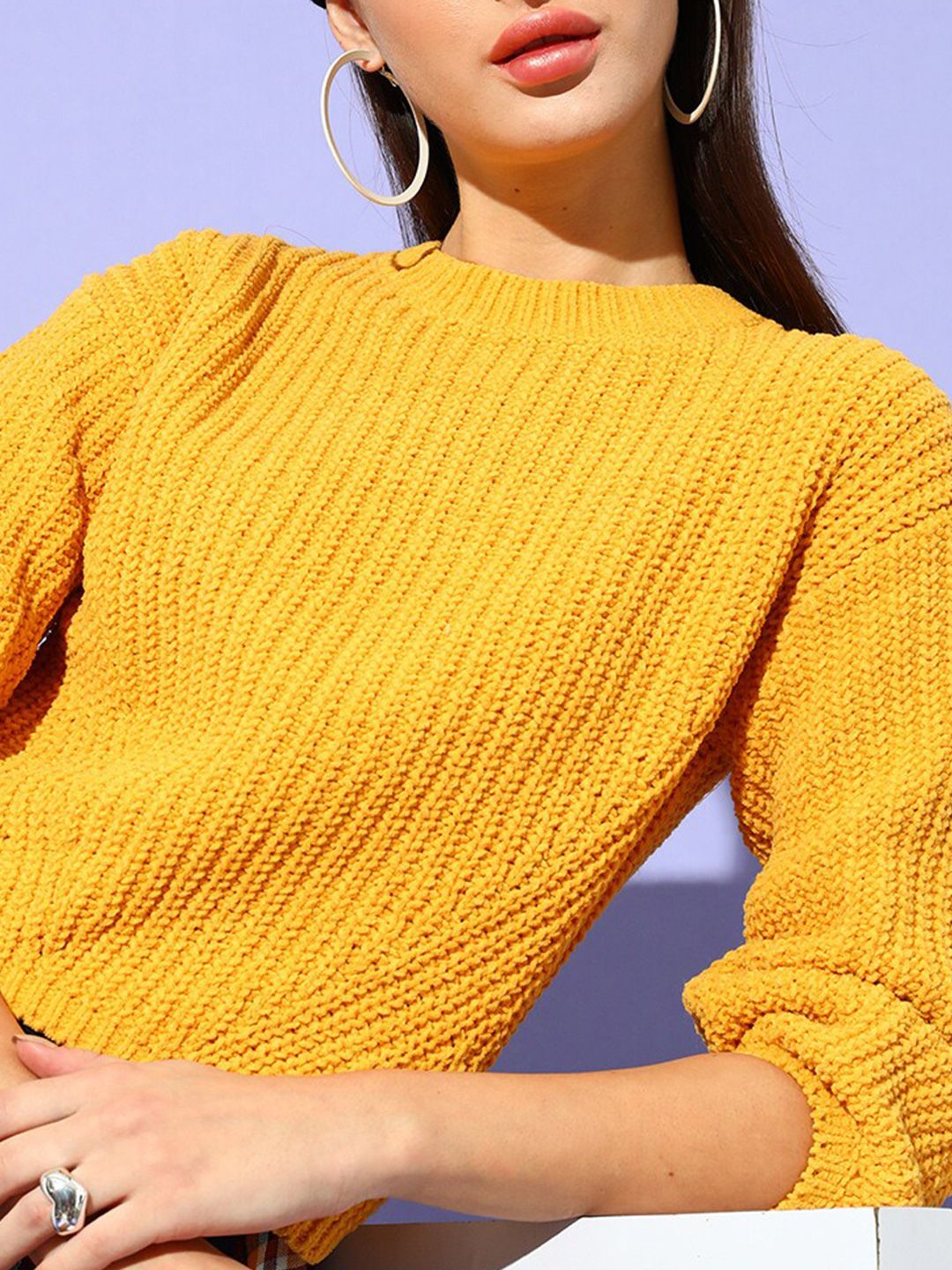 STREET 9 Women Yellow Ribbed Three Quarter Sleeves Pullover