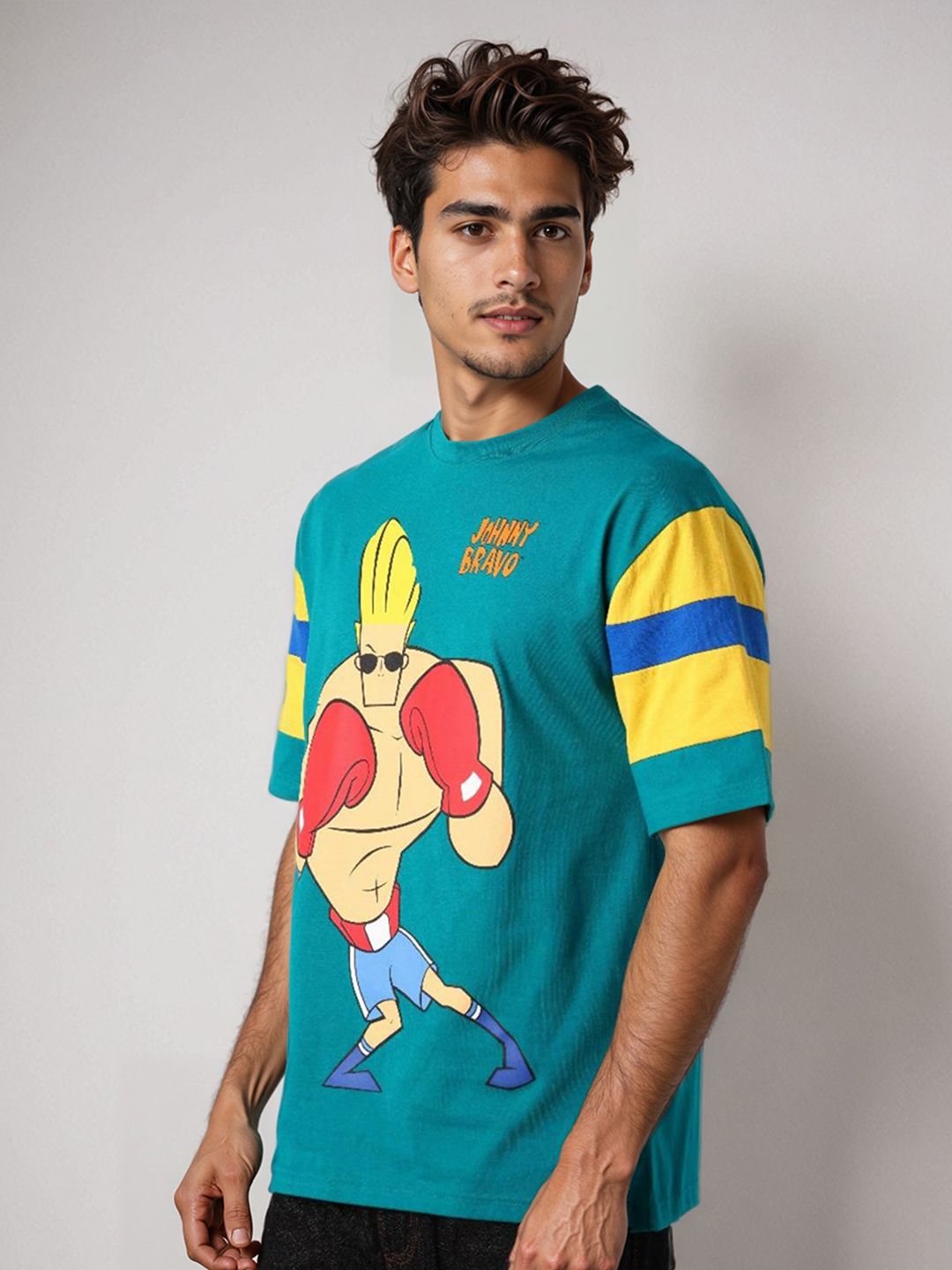 The Indian Garage Co Men Johnny Bravo Graphic Printed Round Neck Cotton Oversized T-shirt