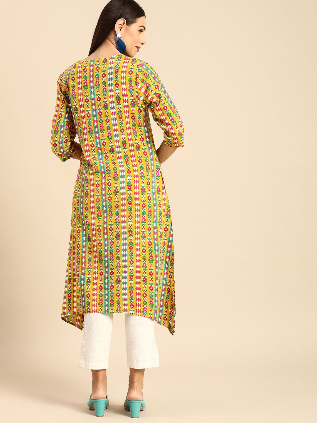 Anouk Women Mustard Yellow & Green Ethnic Motifs Printed A-Line Kurta