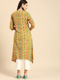 Anouk Women Mustard Yellow & Green Ethnic Motifs Printed A-Line Kurta