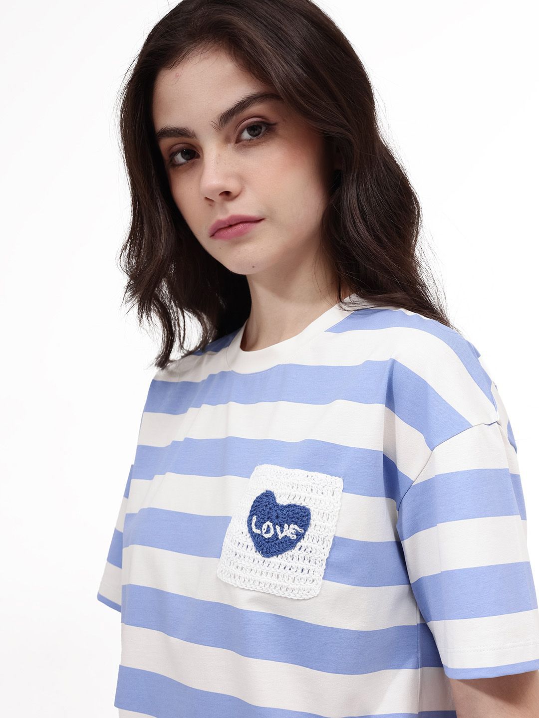 RAREISM Horizontal Striped Drop Shoulder Crochet Pockets Cotton Boxy T-shirt