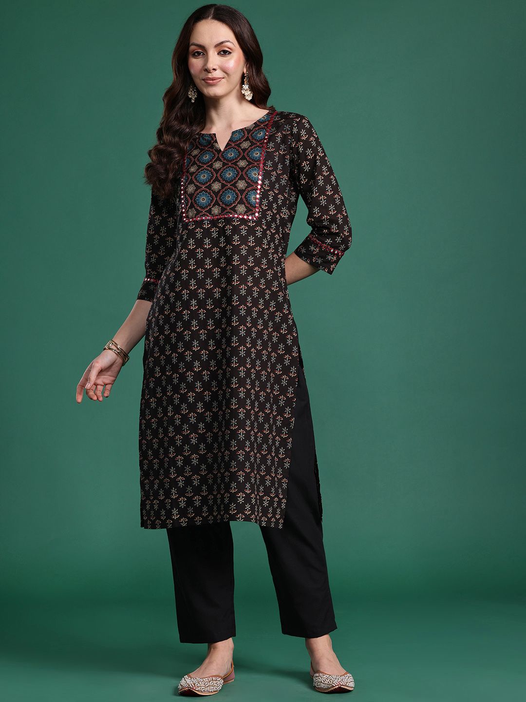 Indo Era Women Floral Printed Mirror Work Pure Cotton Kurta