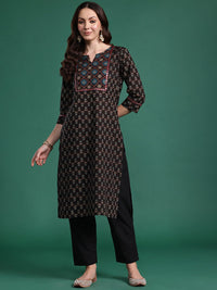 Indo Era Women Floral Printed Mirror Work Pure Cotton Kurta