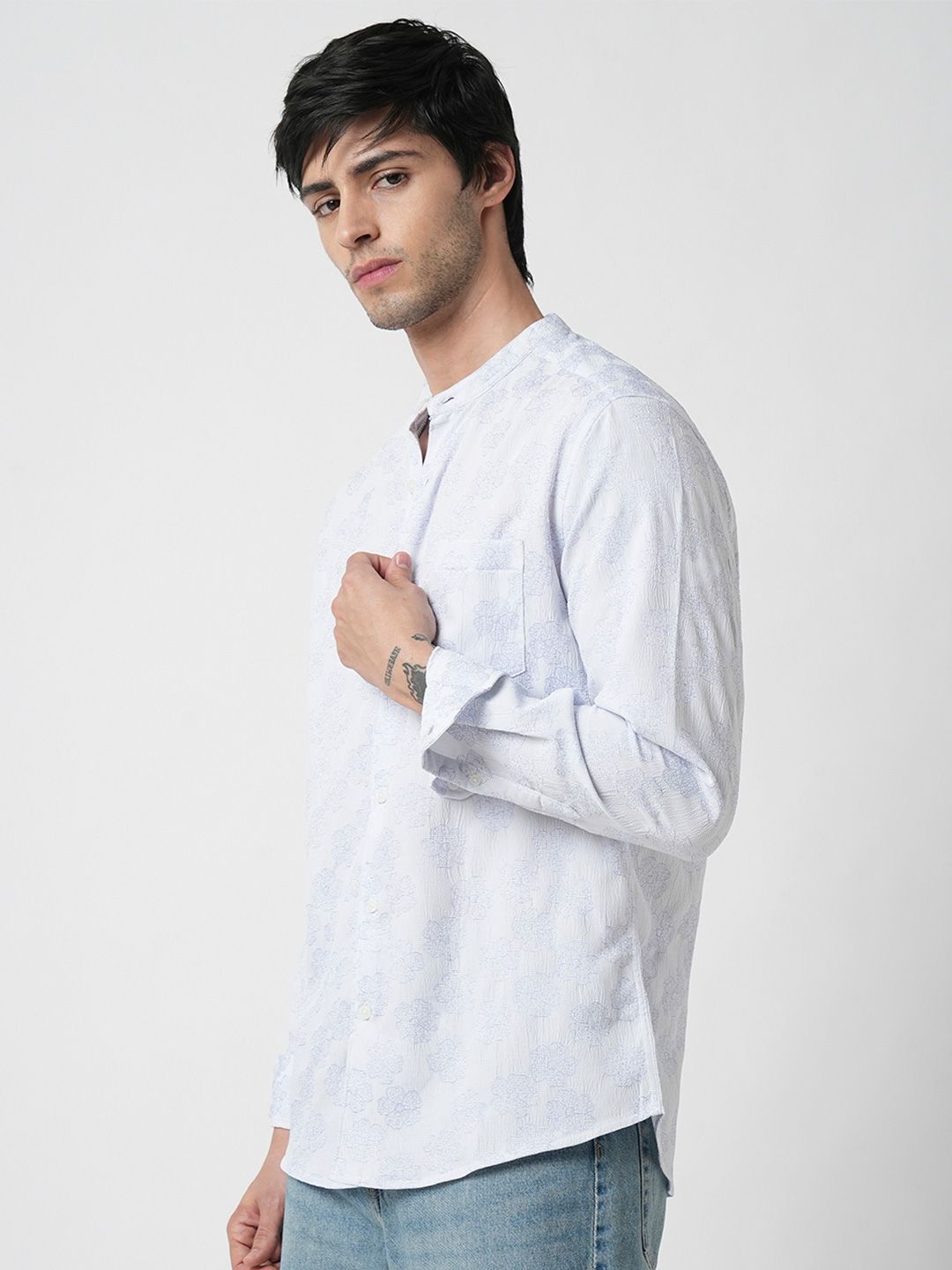 VASTRADO Men Classic Band Collar Floral Printed Slim Fit Casual Shirt