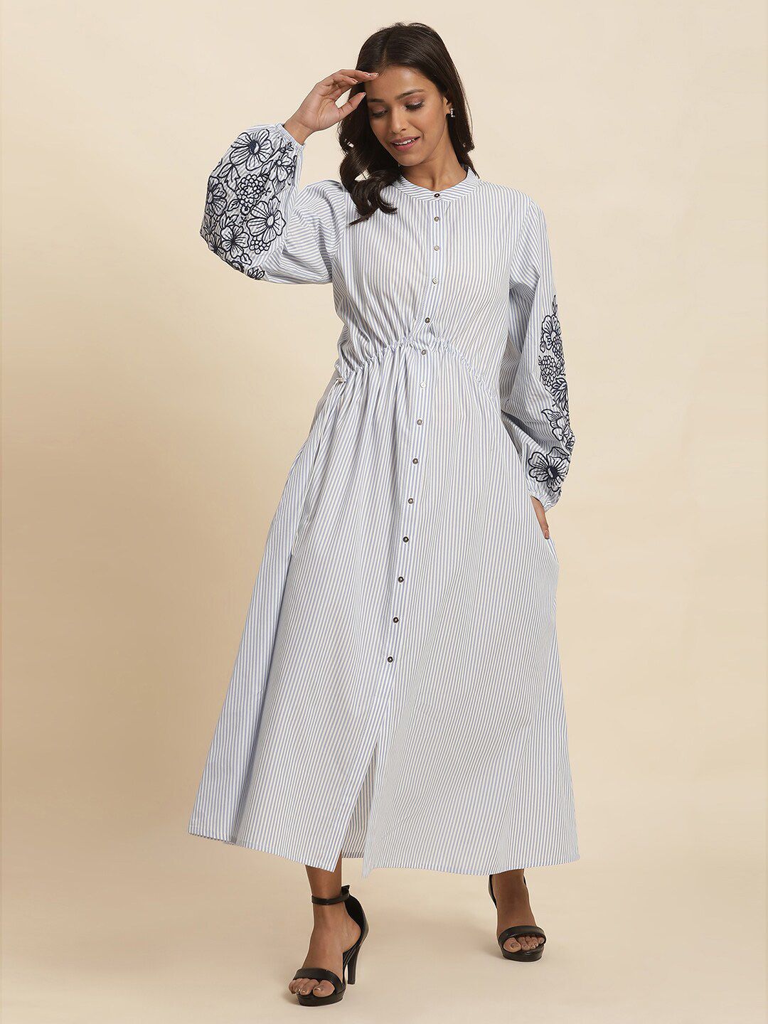 W Striped Embroidered Pure Cotton Shirt Style Maxi Dress