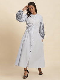 W Striped Embroidered Pure Cotton Shirt Style Maxi Dress