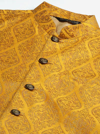 SOJANYA Men Orange & Yellow Ethnic Motifs Woven Design Kurta with Churidar & Nehru Jacket