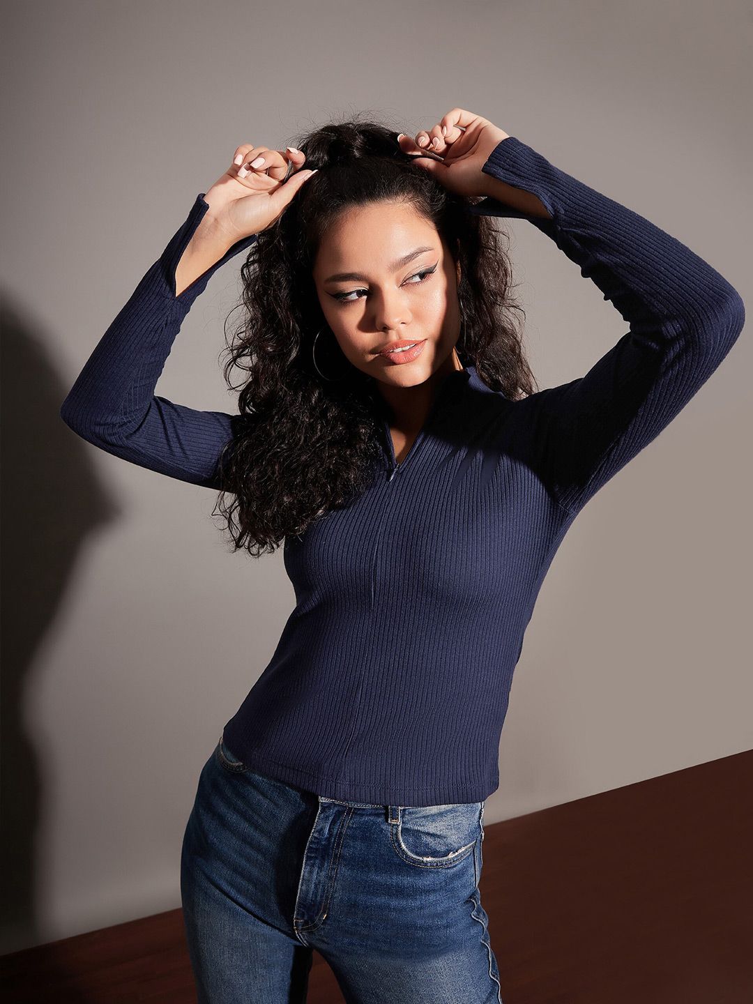 SASSAFRAS Navy Blue High Neck Half Zipper Fitted Top