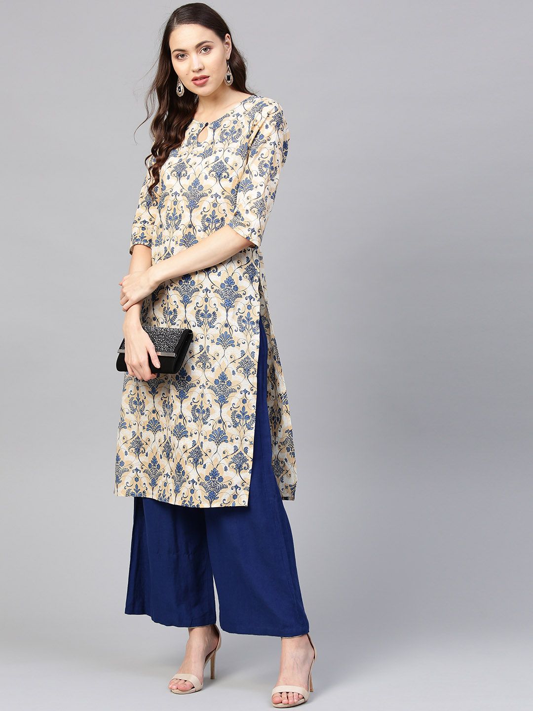 SOJANYA Women Beige & Navy Blue Printed Straight Kurta