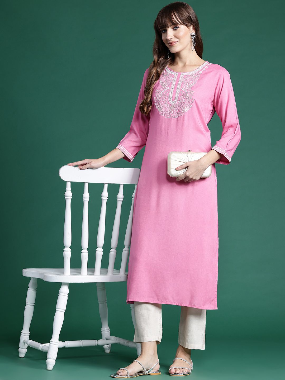 Indo Era Women Floral Embroidered Thread Work Kurta