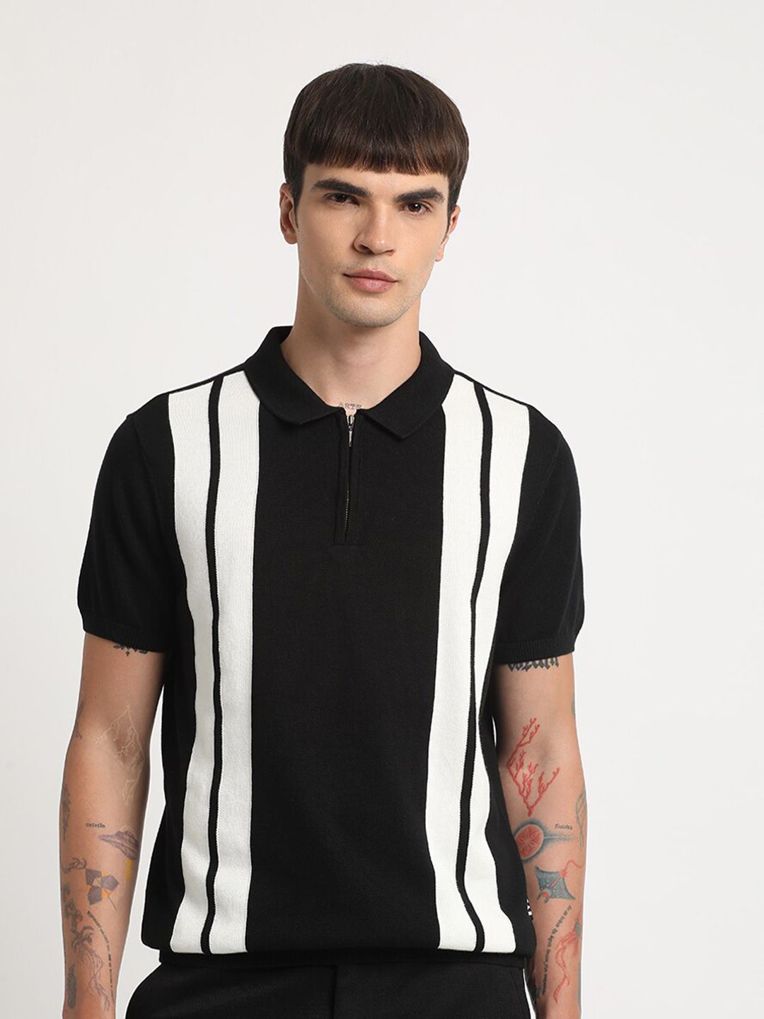 THE BEAR HOUSE Vertical Striped Regular Fit Polo Collar Cotton T-shirt