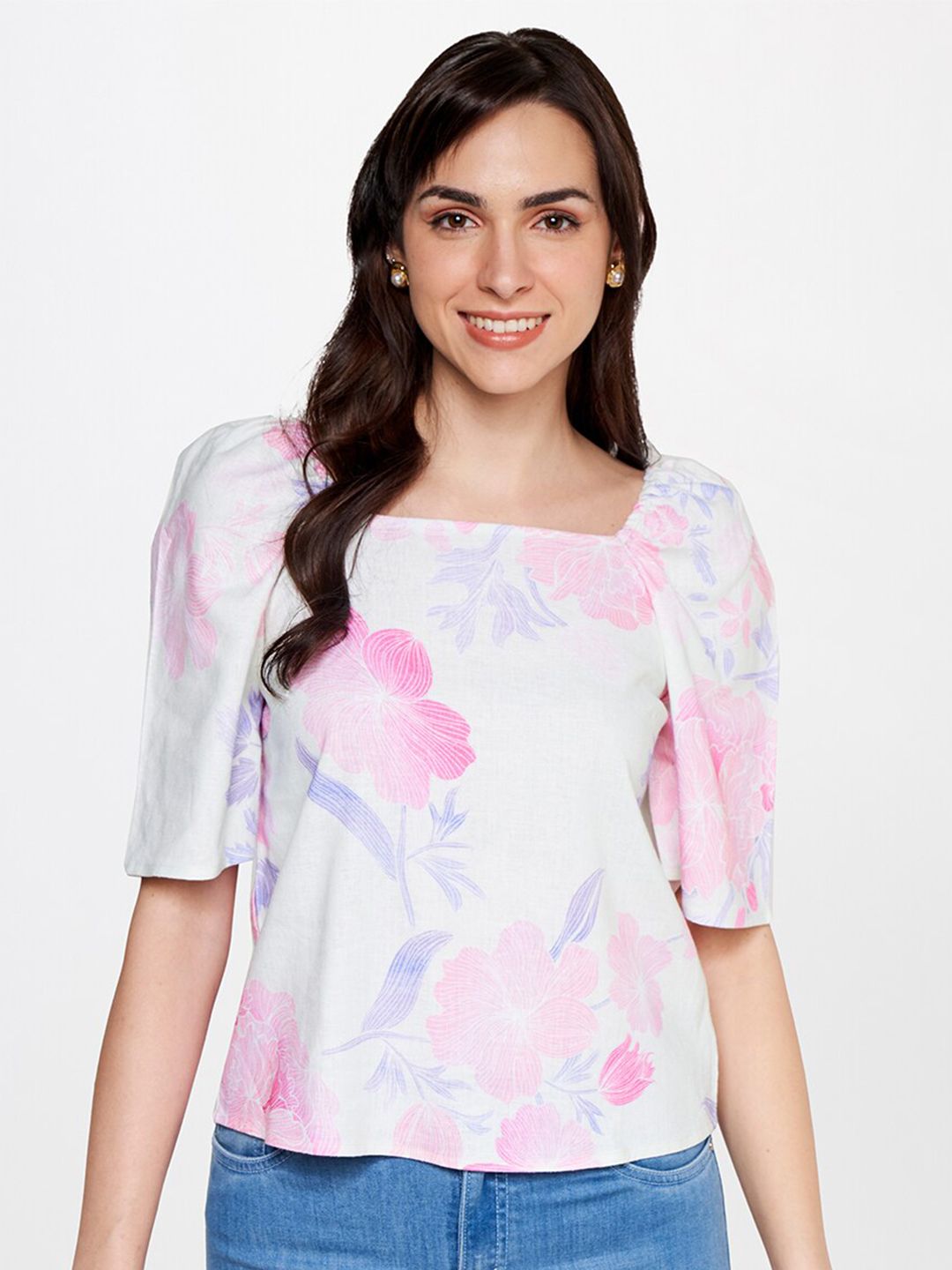 AND Floral Printed Puff Sleeves Linen Top