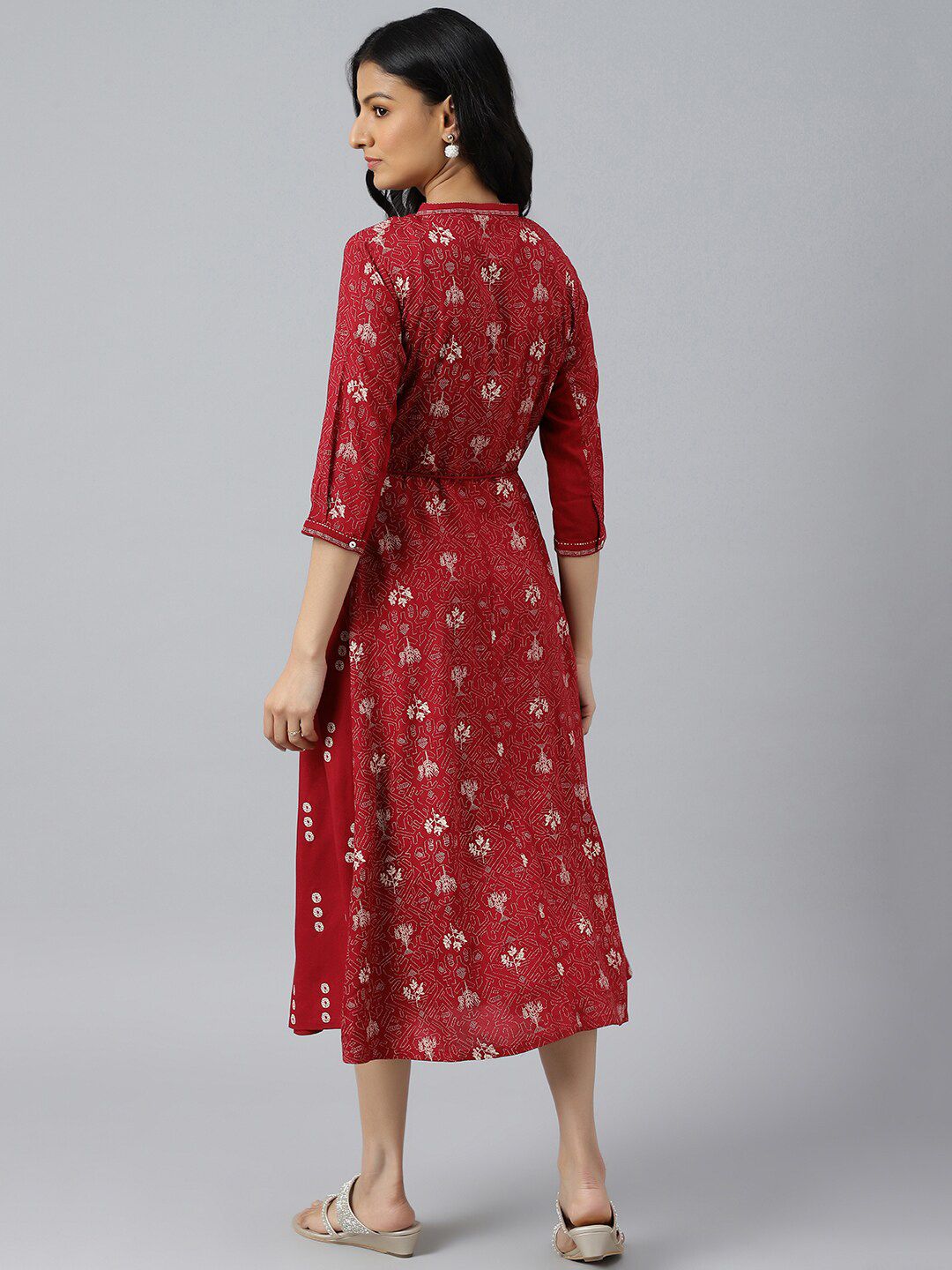 W Women Red Floral Printed A-Line Midi Dress