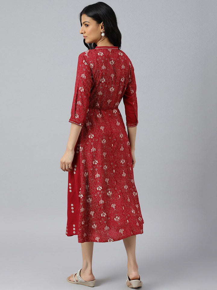 W Women Red Floral Printed A-Line Midi Dress