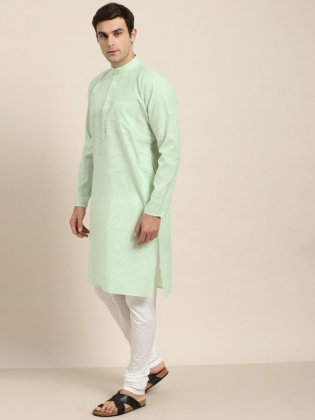 SOJANYA Men Sea Green & White Striped Straight Kurta