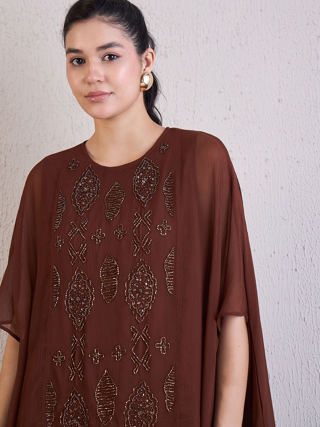 Antheaa Brown Embellished Round Neck Short Sleeves Top & Palazzos