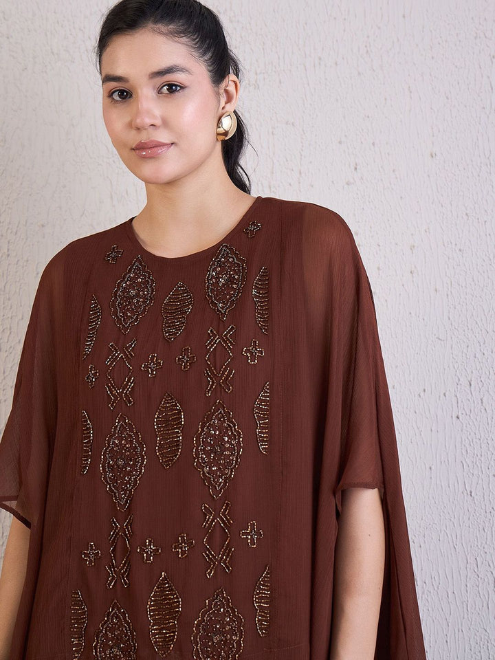 Antheaa Brown Embellished Round Neck Short Sleeves Top & Palazzos