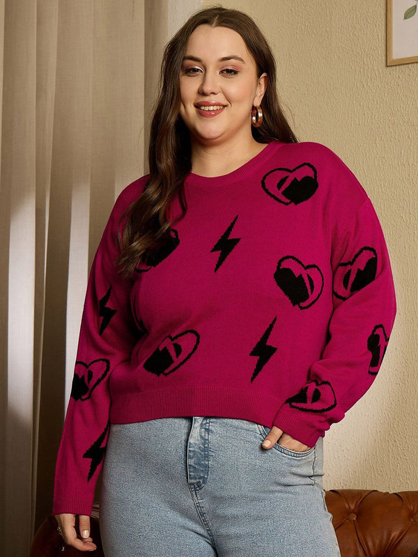 Berrylush Curve Women Printed Round Neck Long Sleeves Pullover