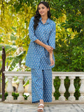 SANSKRUTIHOMES Blue Printed Pure Cotton Shirt with Lounge Pants