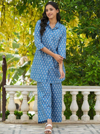 SANSKRUTIHOMES Blue Printed Pure Cotton Shirt with Lounge Pants