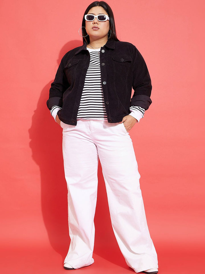 SASSAFRAS Curve Plus Size Black Spread Collar Corduroy Jacket