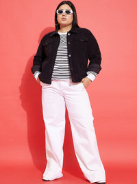 SASSAFRAS Curve Plus Size Black Spread Collar Corduroy Jacket