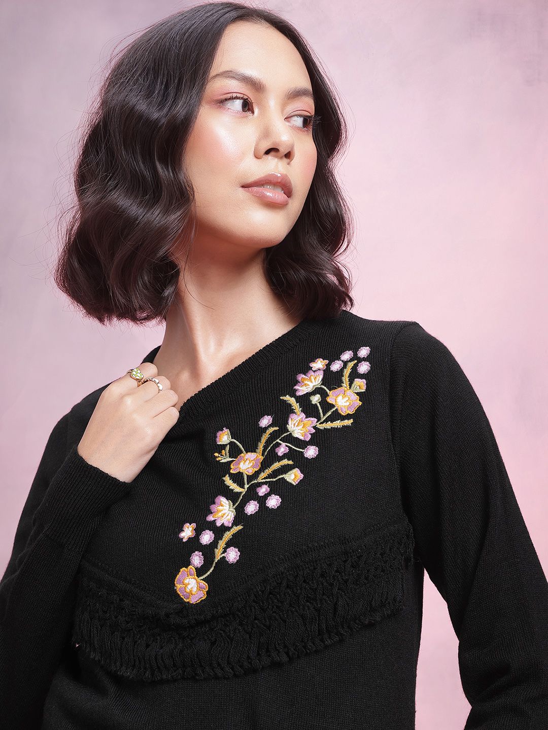 DressBerry Acrylic Floral Embroidered Pullover with Fringed Detail