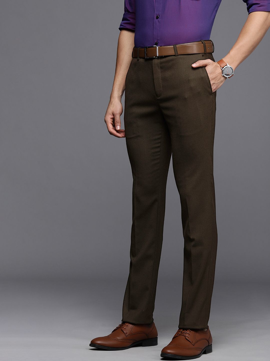 Raymond Men Brown Flat-Front Solid Formal Trousers