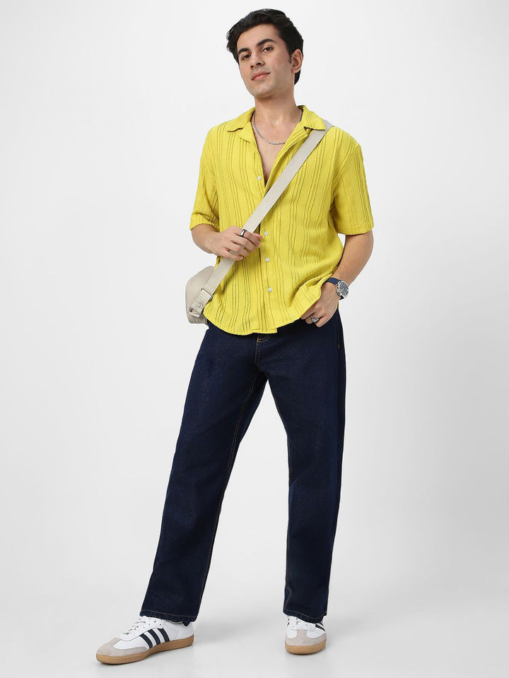 Urbano Fashion Oversized Fit Self Design Cuban Collar Cotton Casual Shirt